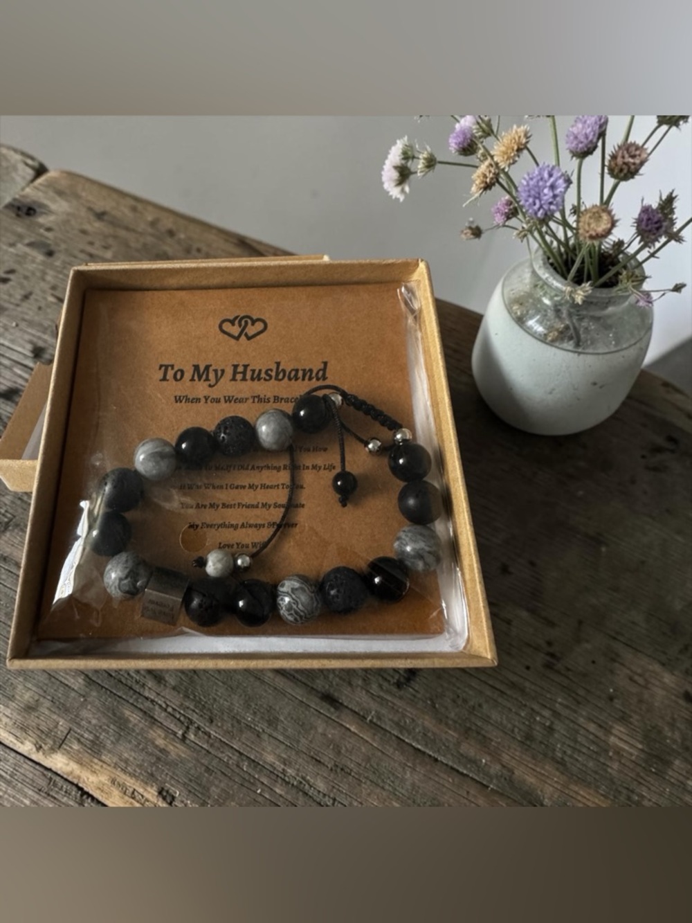 To My Husband Black & Gray Beaded Bracelet NIB